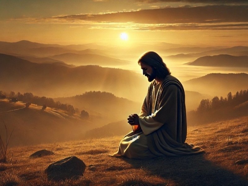Jesus orando em silêncio no monte ao nascer do sol, exemplo de recolhimento espiritual.