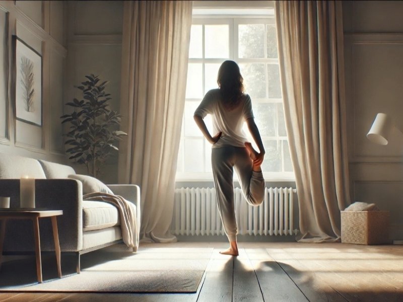 pessoa alongando na sala pela manhã com luz suave entrando pela janela