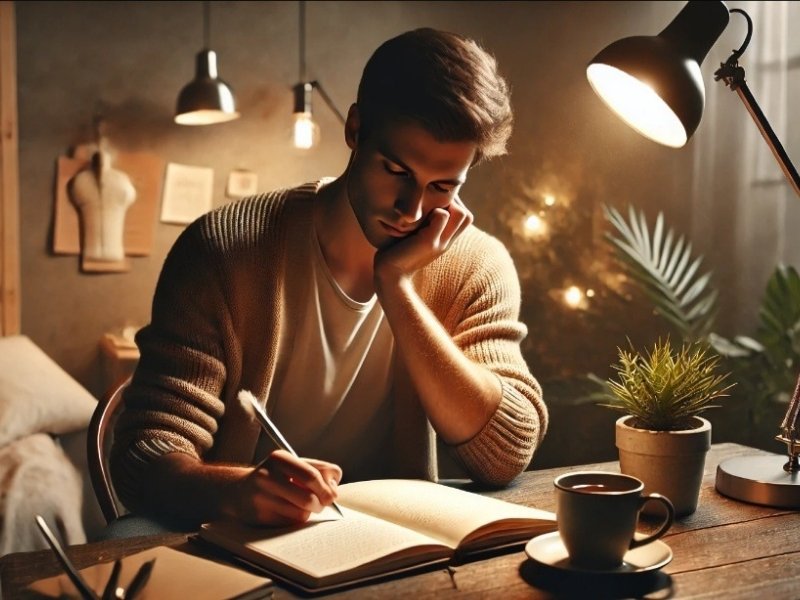 pessoa escrevendo em caderno em ambiente acolhedor com expressão reflexiva e calma