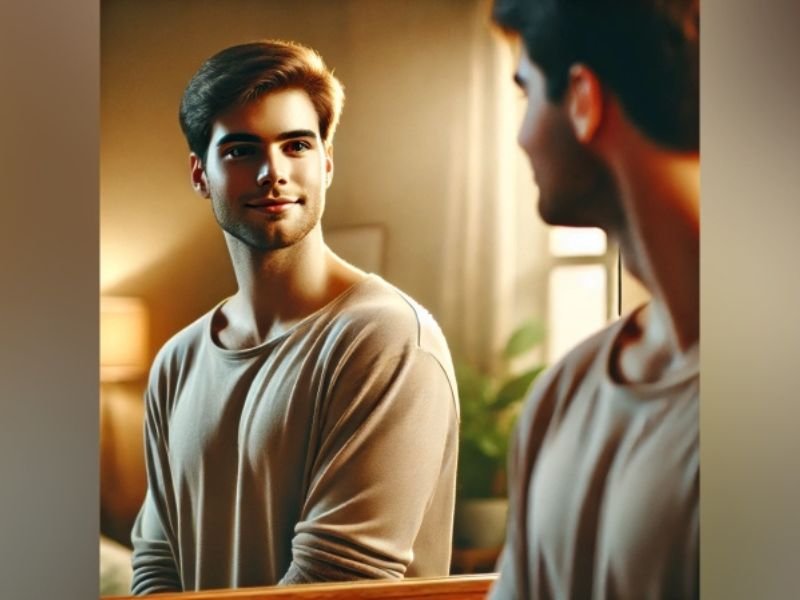 pessoa se olhando no espelho com expressão confiante e tranquila. código do carisma