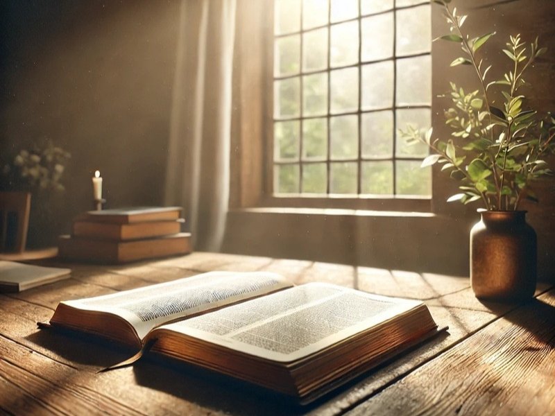 bíblia aberta com luz suave da manhã entrando pela janela.