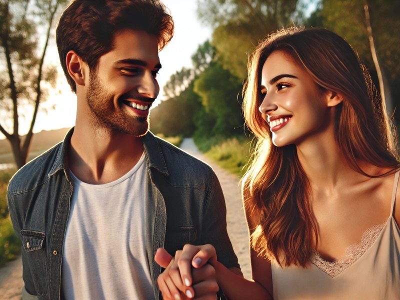 Casal sorrindo e caminhando juntos, demonstrando conexão e tranquilidade.