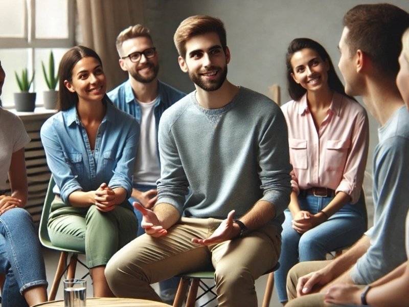 pessoa falando com confiança em grupo social descontraido, com atenção e conexão