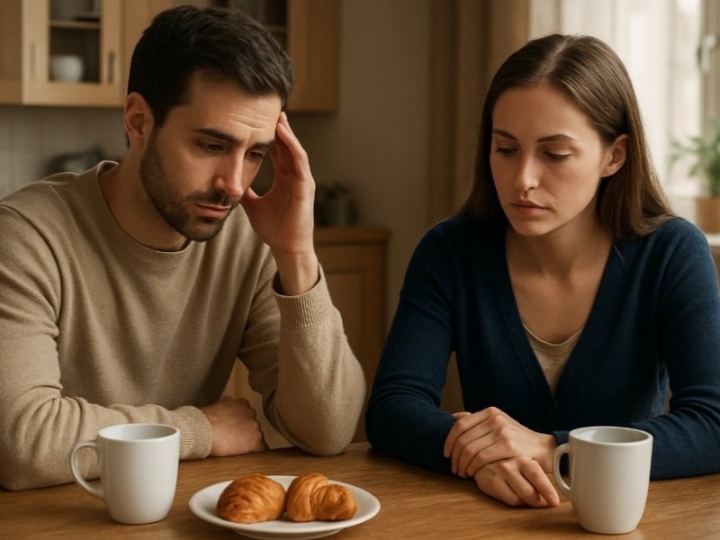 casal sentado a mesa com expressões sérias durante o café da manha.