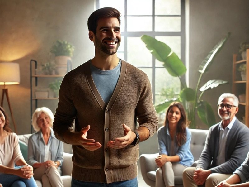 pessoa falando com confiança em grupo, sendo ouvida com atenção e empatia