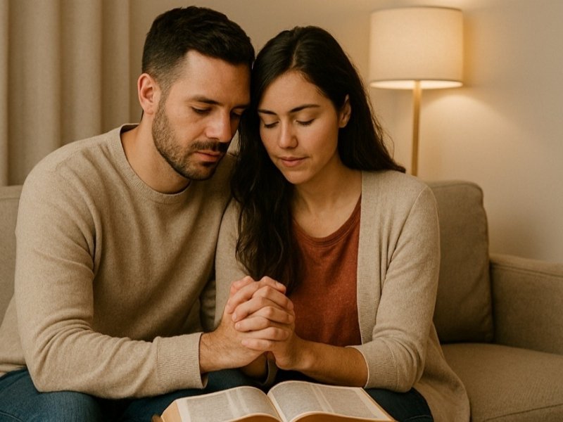 Casal de mãos dadas orando juntos com a bíblia aberta entre eles.