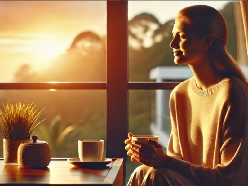 mulher sorrindo suavemente enquanto toma chá ao entardecer em momento de bem-estar