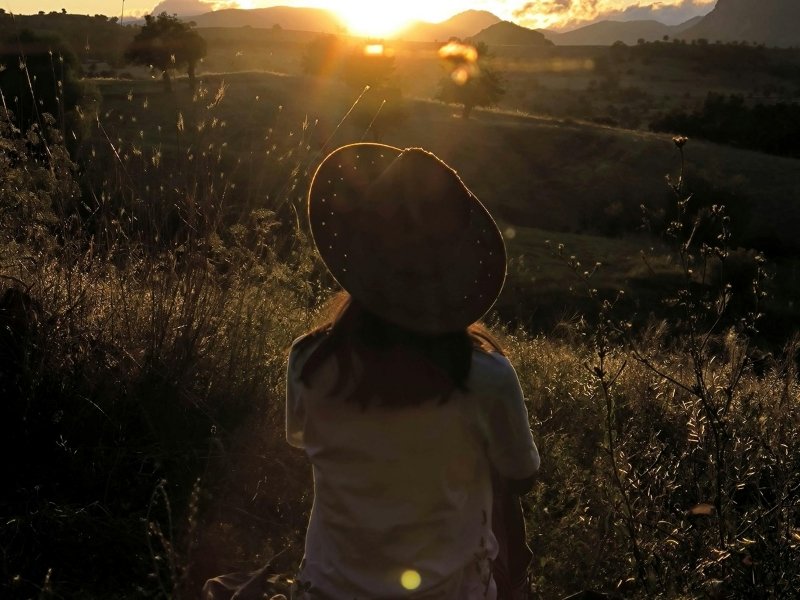 pessoa sentada de costas em frente á natureza ao entardecer, em postura serena e contemplativa
