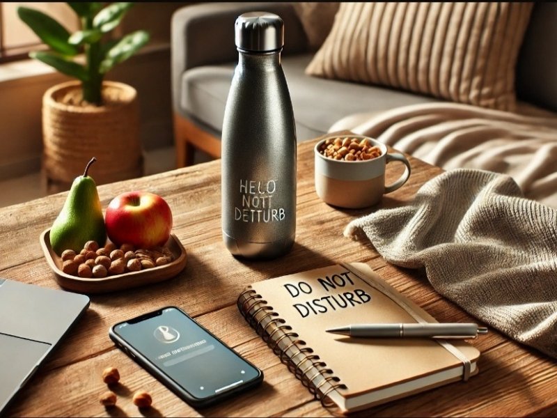 mesa organizada com itens saudáveis e ambiente de trabalho tranquilo