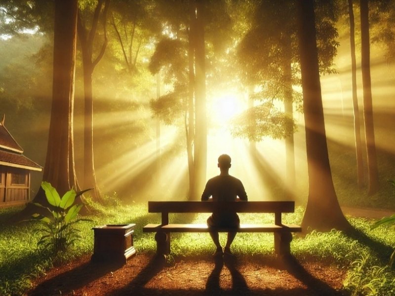 Pessoa sentada em oração silenciosa ao amanhecer, representando conexão espiritual com Deus.