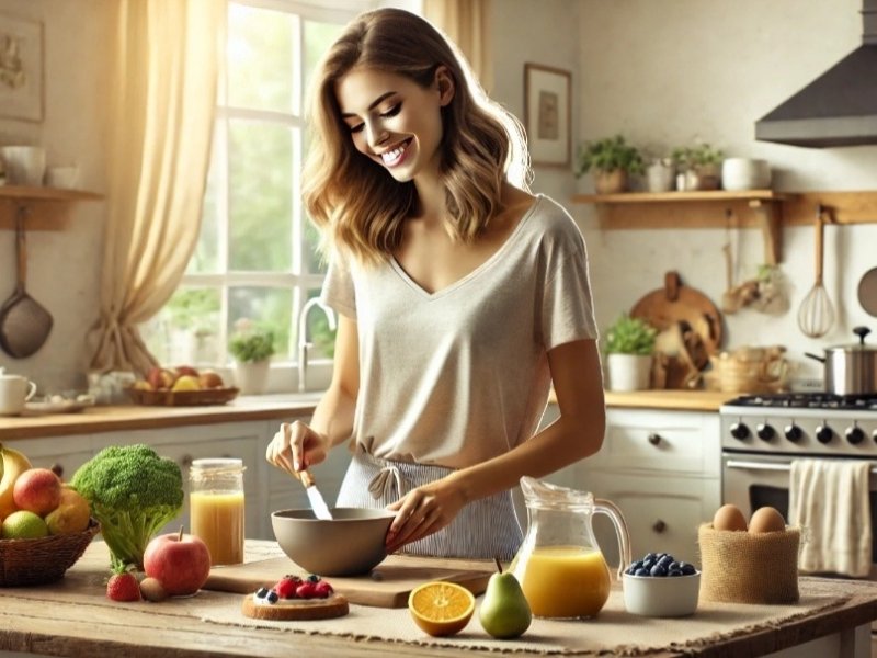 mulher sorrindo preparando um café de manhã saudável em uma cozinha iluminada