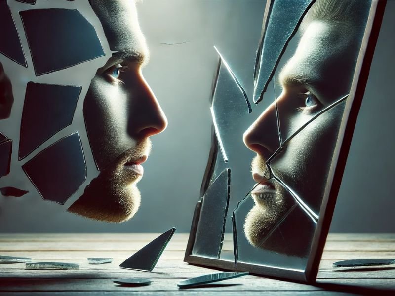Homem se olhando no espelho quebrado, simbolizando autoconhecimento e conflitos internos