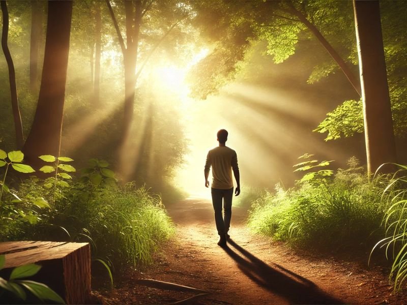 Pessoa caminhando por uma floresta com luz ao fundo, simbolizando transformação e crescimento pessoal