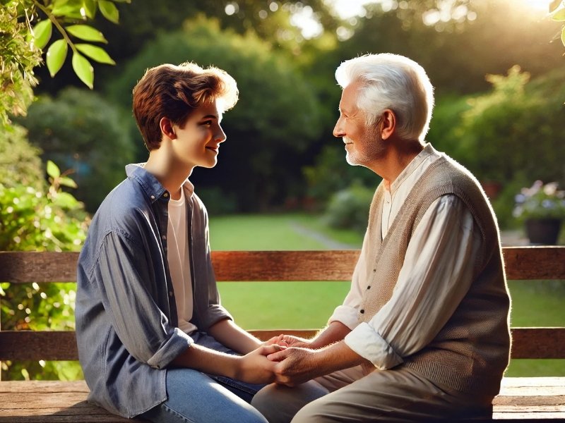 Jovem conversando com avô idoso em banco de madeira no jardim, durante o entardecer.
