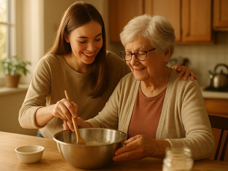 Jovem cozinhando ao lado da avó idosa na cozinha, simbolizando tempo de qualidade em família.