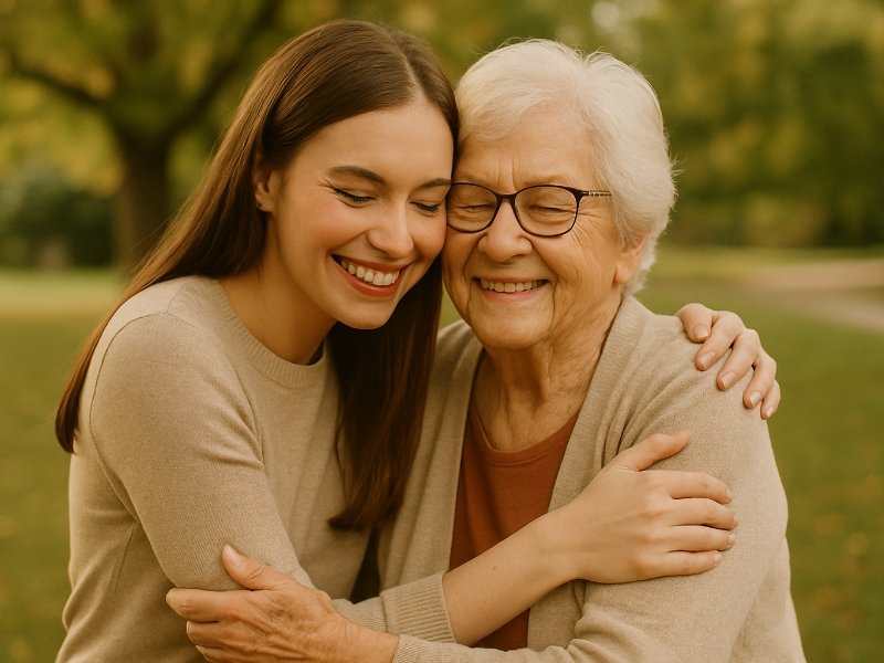 Neta abraçando sua avó com carinho.