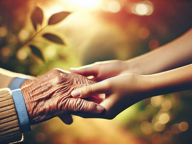 Mãos de jovem segurando mãos enrugadas de idoso ao pôr do sol, simbolizando afeto entre gerações.