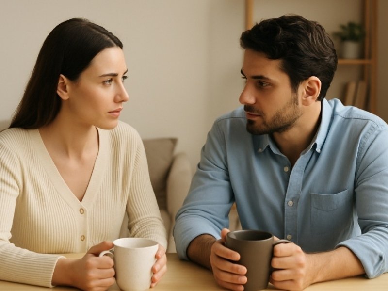 Casal dialogando com atenção e empatia.