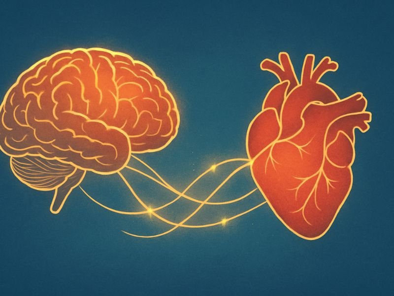 Ilustração de um cérebro e um coração conectados por linhas brilhantes, representando equilíbrio emocional