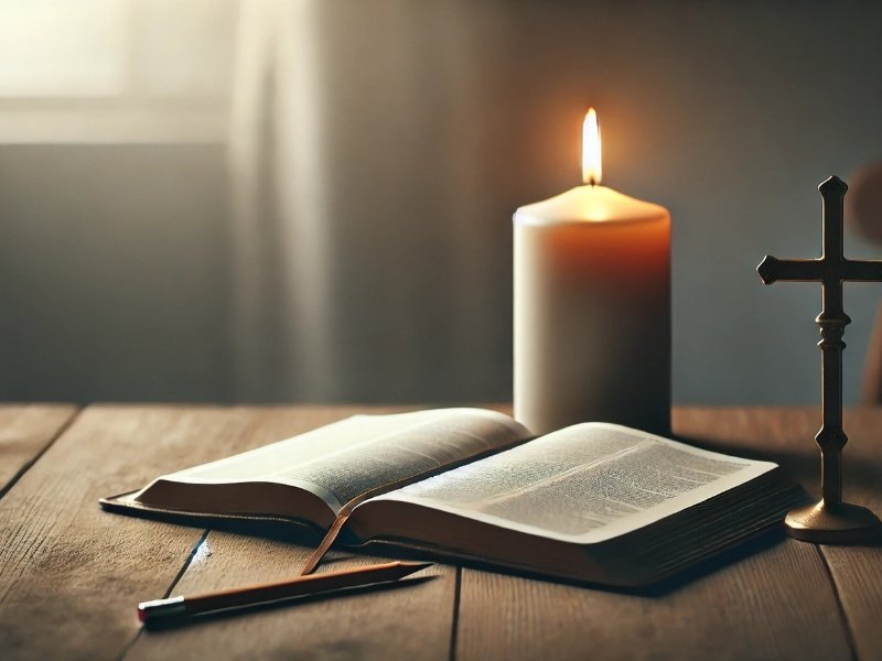 Bíblia aberta, crucifixo, lápis e vela acesa, simbolizando espiritualidade e concentração.