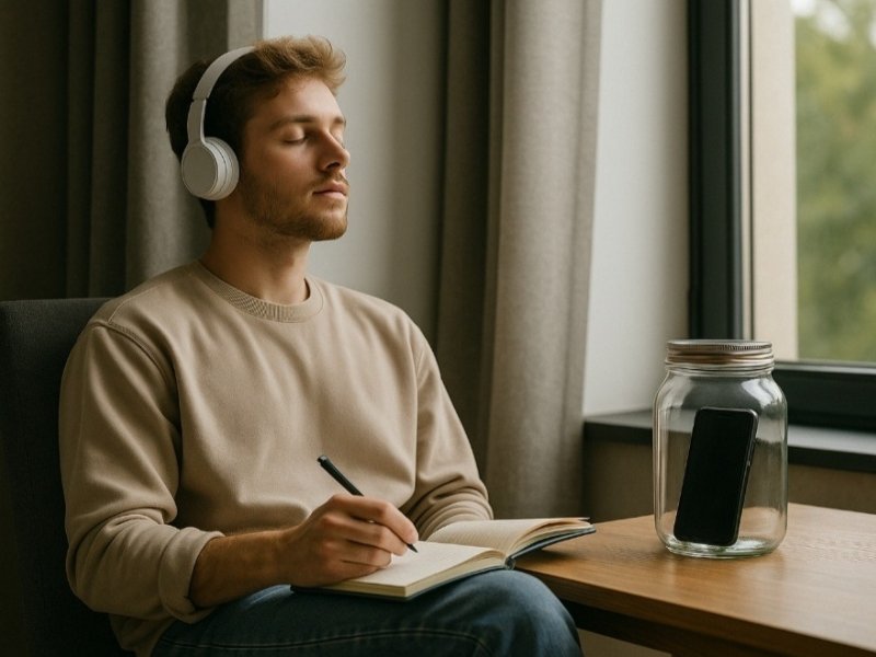 Homem escrevendo,com fones de ouvido e celular guardado em pote, buscando foco intencional.