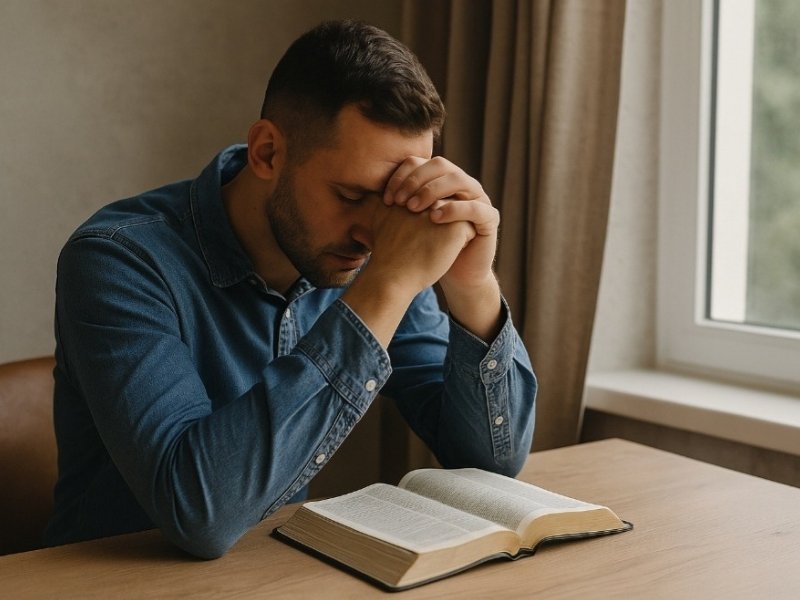 Homem orando e refletindo com a bíblia aberta