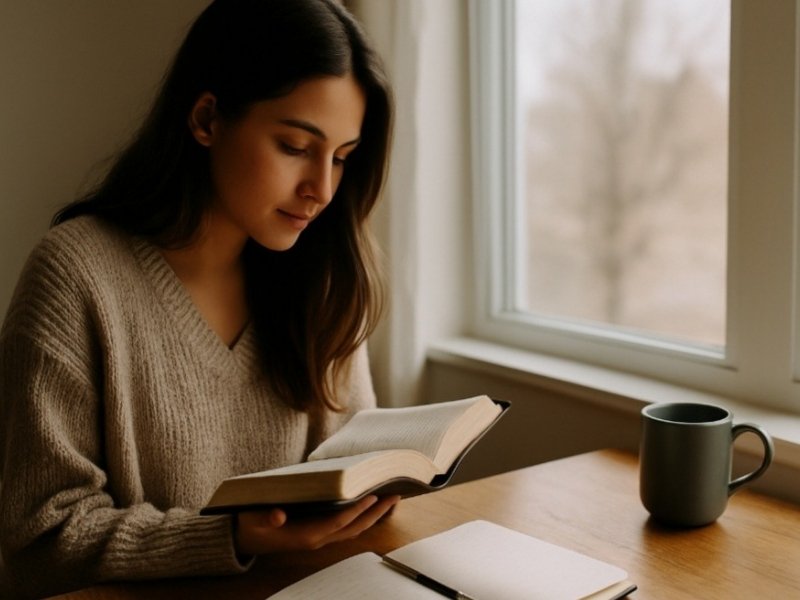 Pessoa lendo a bíblia em um momento devocional matinal.