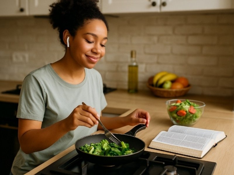 Mulher cozinhando enquanto ouve algo e lê a Bíblia