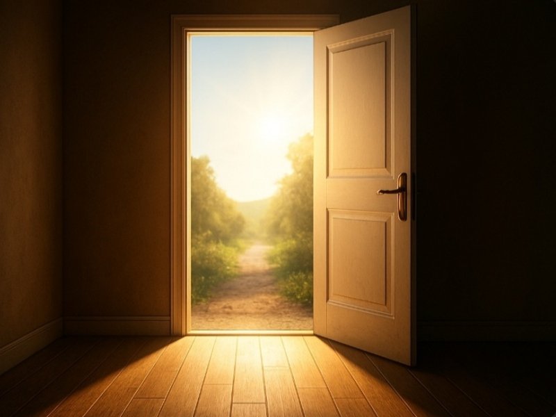 Porta aberta com luz do sol revelando o caminho, simbolizando conquista com fé.