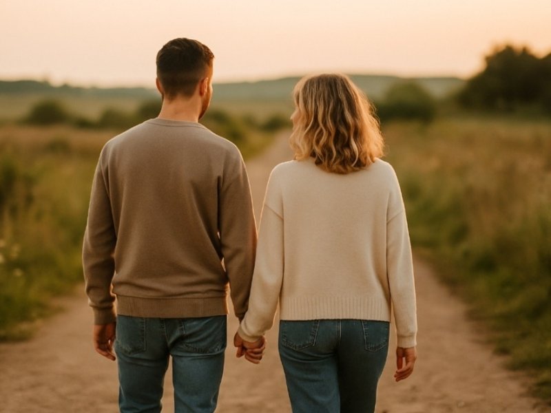 Casal de mãos dadas caminhando juntos em clima de reconciliação