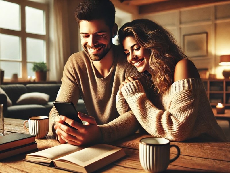 Casal sorridente compartilhando um momento íntimo.
