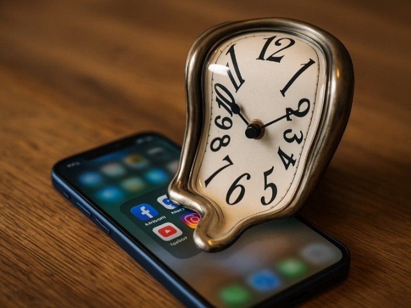 Relógio distorcido sobre celular com redes sociais, representando perda de tempo.